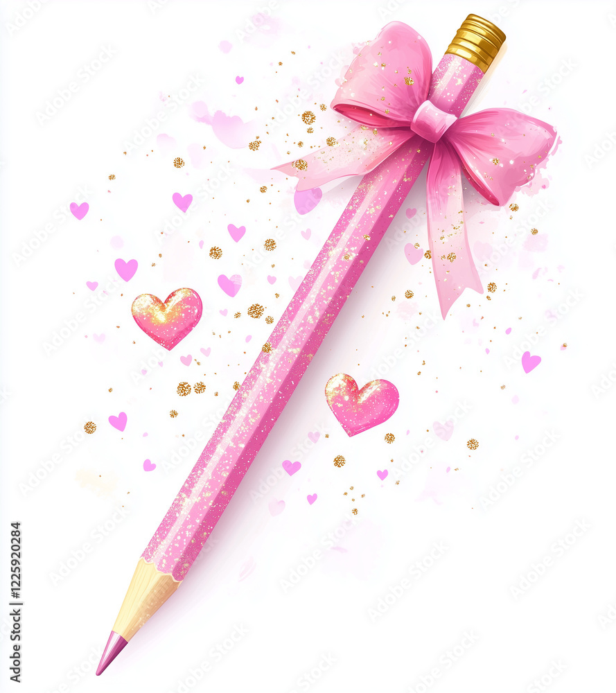 Pink pencil with hearts and ribbon. A charming pink pencil decorated with a heart-themed bow and glittery accents. A cute and stylish stationery item. Pink pencil with hearts and ribbon. A charming pink pencil decorated with a heart-themed bow and glittery accents. A cute and stylish stationery item.