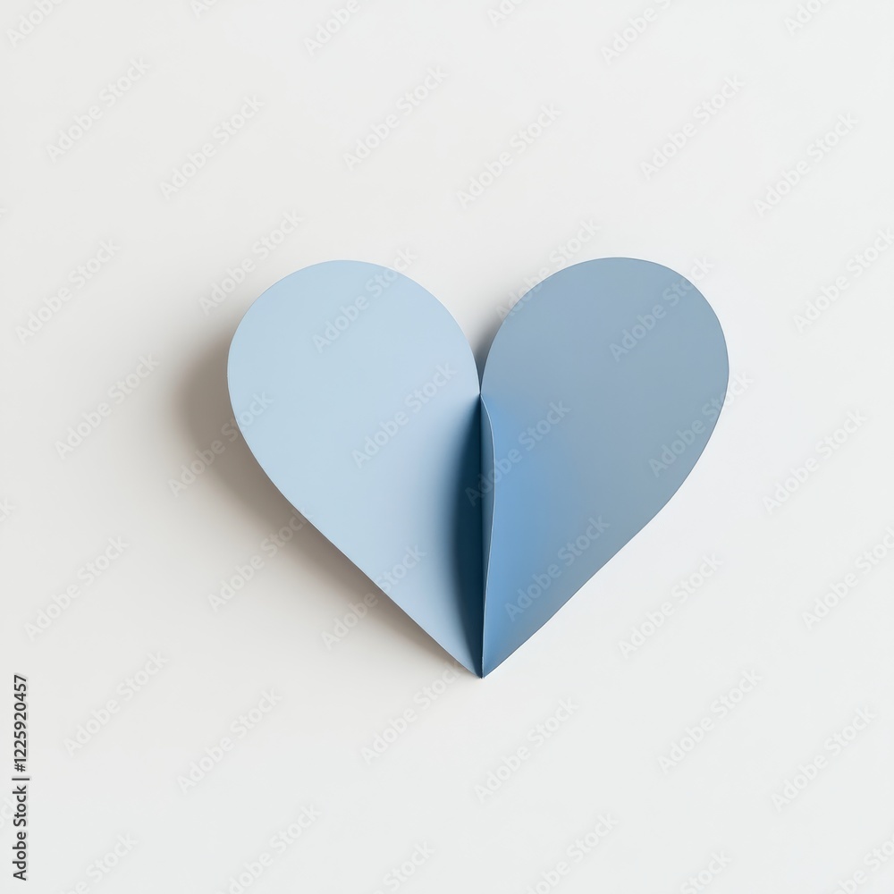 A light blue 3D paper heart shape on a white background. Sky blue paper heart in top view. A light blue 3D paper heart shape on a white background. Sky blue paper heart in top view.