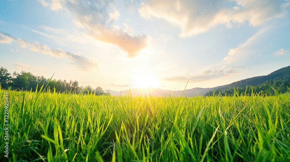 Sunset over grassy field, mountains in background; idyllic nature scene for travel brochures Sunset over grassy field, mountains in background; idyllic nature scene for travel brochures