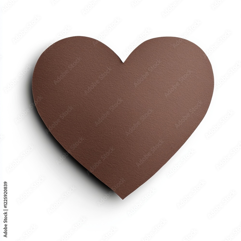 Fototapeta premium A dark brown 3D paper heart shape on a white background. Brown paper heart in top view.