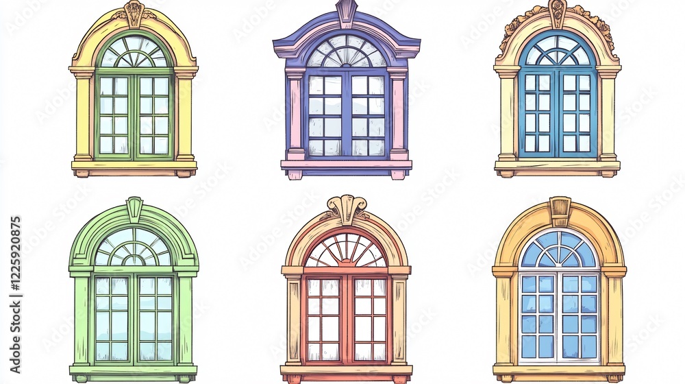 Obraz premium Vintage Hand-Drawn Doodle Style Windows Collection for Creative Projects