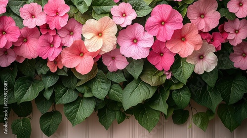 Pink flowers blooming profusely in lush green foliage photo