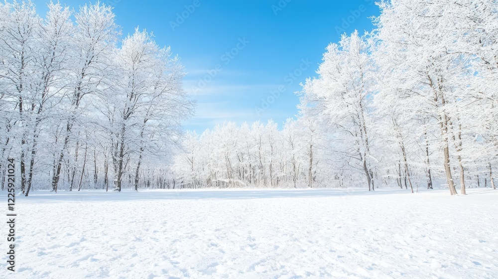 Snowy winter park landscape, bright sunny day, trees covered in frost, postcard scene Snowy winter park landscape, bright sunny day, trees covered in frost, postcard scene