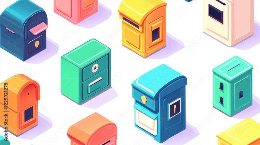 Vibrant Isometric Mailboxes Vector Illustration for Graphic Design Projects Vibrant Isometric Mailboxes Vector Illustration for Graphic Design Projects