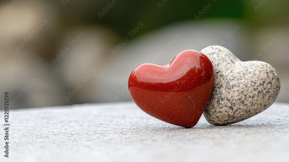 Two heart-shaped stones on surface, symbolizing love and relationships Two heart-shaped stones on surface, symbolizing love and relationships