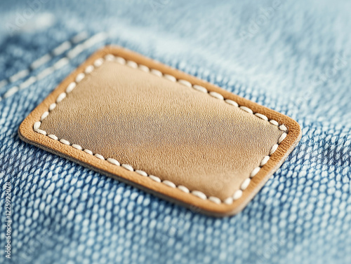 Lederetikett auf Denim-Hintergrund für kreative Labelgestaltung

 photo