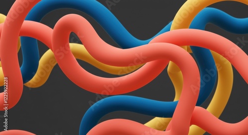 Abstract Geometric Sculpture: A vibrant abstract composition of flowing, intertwined tubes in shades of orange, yellow, and blue, creating a dynamic and visually engaging pattern. 