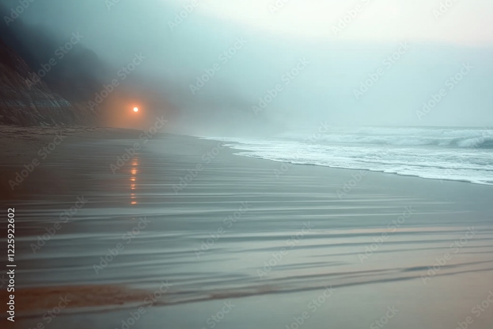 Misty beach sunrise with soft orange glow in minimalist landscape Misty beach sunrise with soft orange glow in minimalist landscape