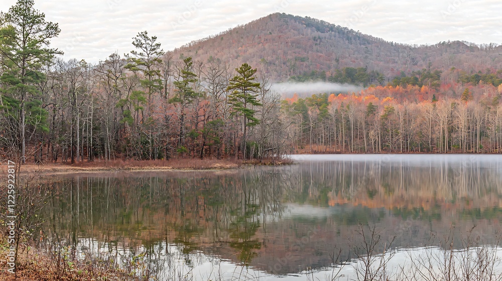 Reflections on a Serene Autumn Lake with Misty Mountain Backdrop and Fall Colors