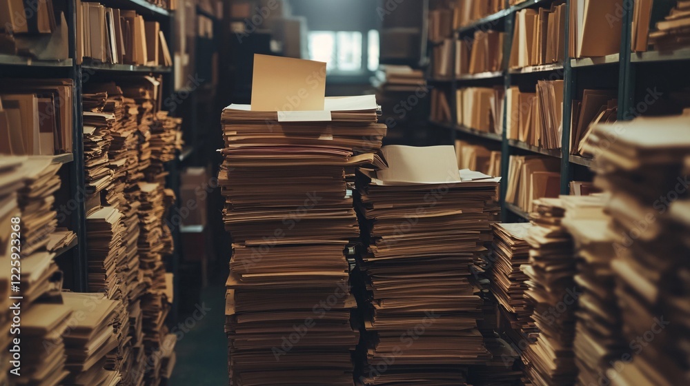 Obraz premium Stacks of old paper documents are lying between shelves in the archive