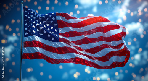 A large American flag is waving in the wind. The flag is red, white, and blue, and it is on a pole. The sky is blue, and there are some stars in the background