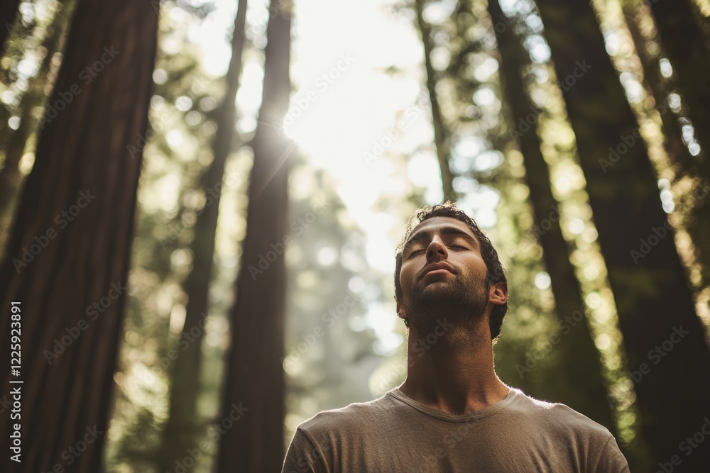 Naklejka premium A man breathes deeply in a sun-dappled redwood forest, finding peace and tranquility.