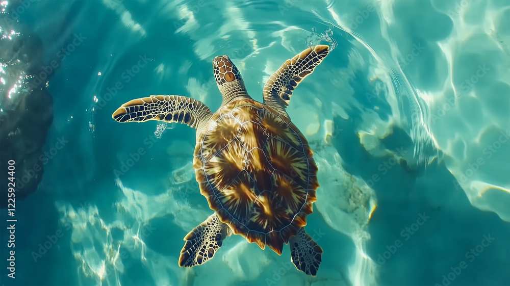 Fototapeta premium 透明な水の中を泳ぐウミガメのクローズアップ