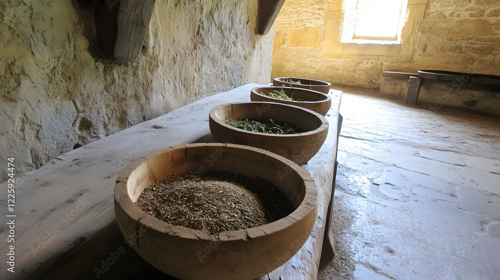 Ancient Wooden Bowls with Dried Herbs and Spices in Historic Stone Room Ancient Wooden Bowls with Dried Herbs and Spices in Historic Stone Room