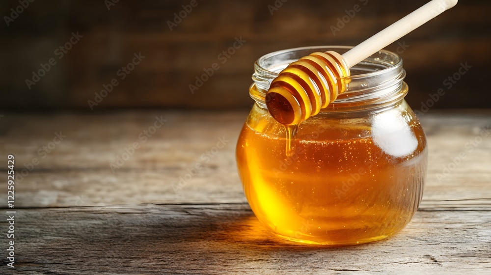 Golden Honey in Jar with Honey Dipper on Wooden Table Golden Honey in Jar with Honey Dipper on Wooden Table