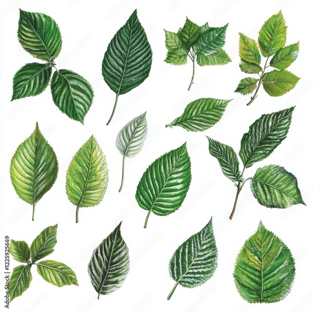Botanical Art of Various Kinds of Tree Leaves for Nature and Environmental Illustrations Botanical Art of Various Kinds of Tree Leaves for Nature and Environmental Illustrations