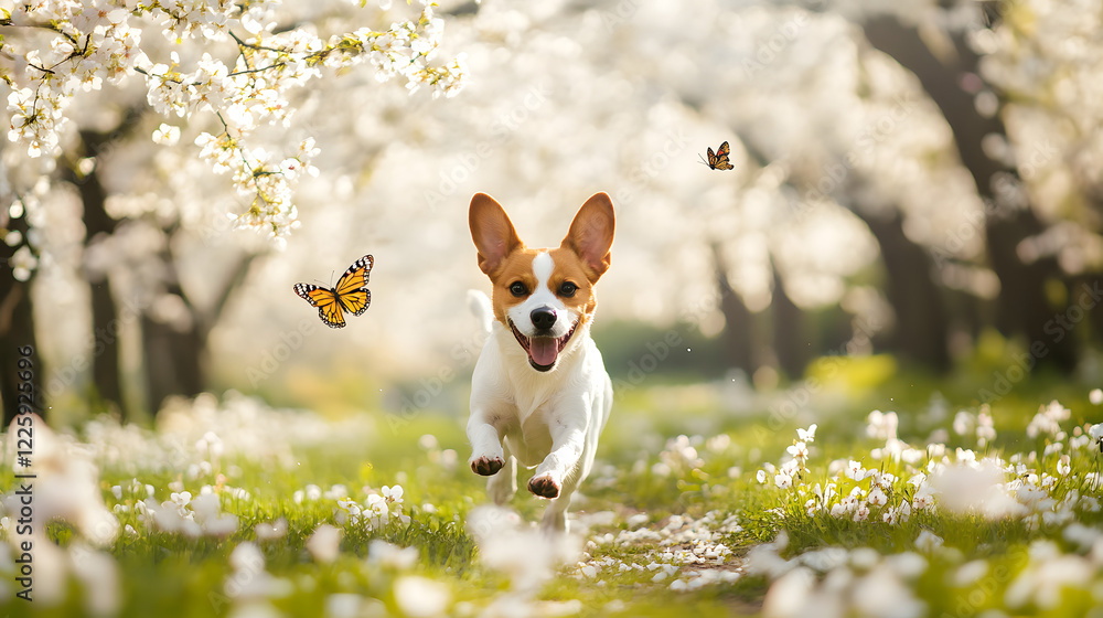 Fototapeta premium A joyful dog sprinting through a park filled with blooming cherry blossom trees, eagerly chasing butterflies, creating a lively and heartwarming springtime scene