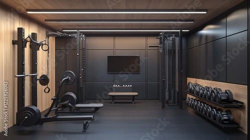 Modern home gym interior, workout equipment, flat screen TV, wood paneling, fitness lifestyle photo