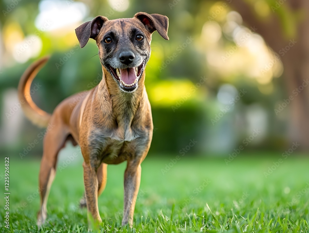 Happy pet dog playing on green grass lawn in full length Happy pet dog playing on green grass lawn in full length