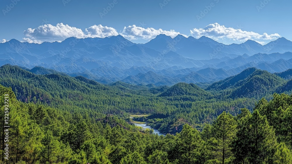 Fototapeta premium Mountain range vista, forest, river valley, clear sky, travel poster