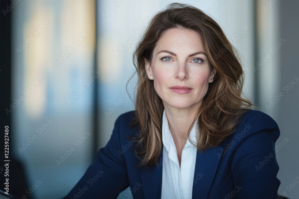 Confident businesswoman in a navy blue blazer, exuding professionalism and success.