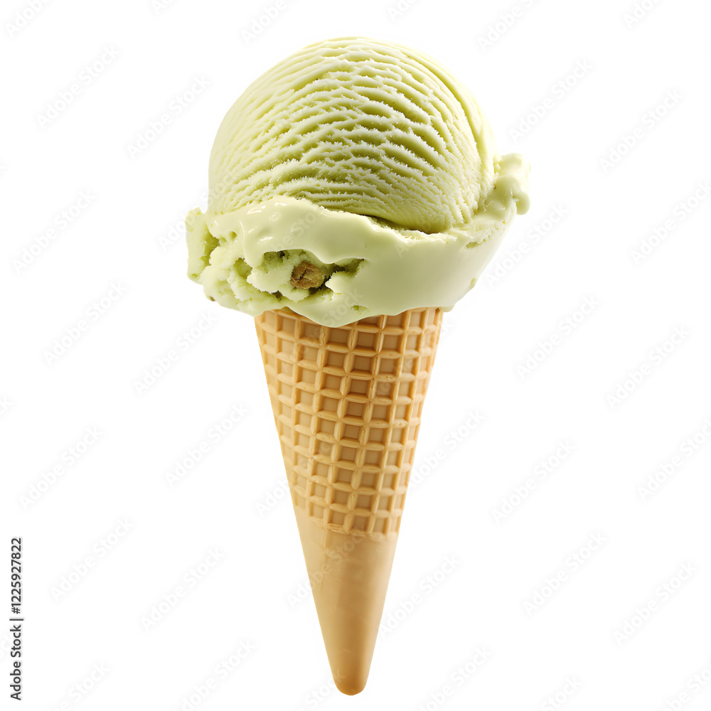 scoop of light green pistachio ice cream in cone on transparent background scoop of light green pistachio ice cream in cone on transparent background