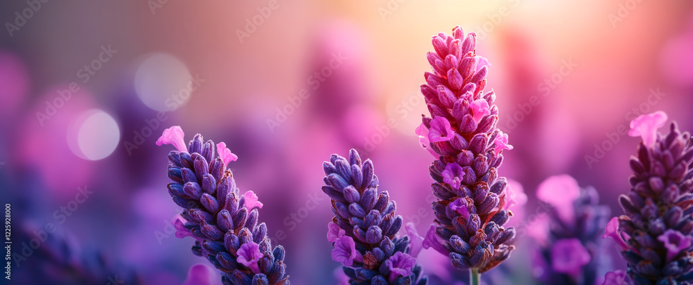 Fototapeta premium A beautiful bouquet of purple flowers with a blue background. The flowers are in full bloom and their vibrant color contrasts with the blue sky. The scene is serene and peaceful