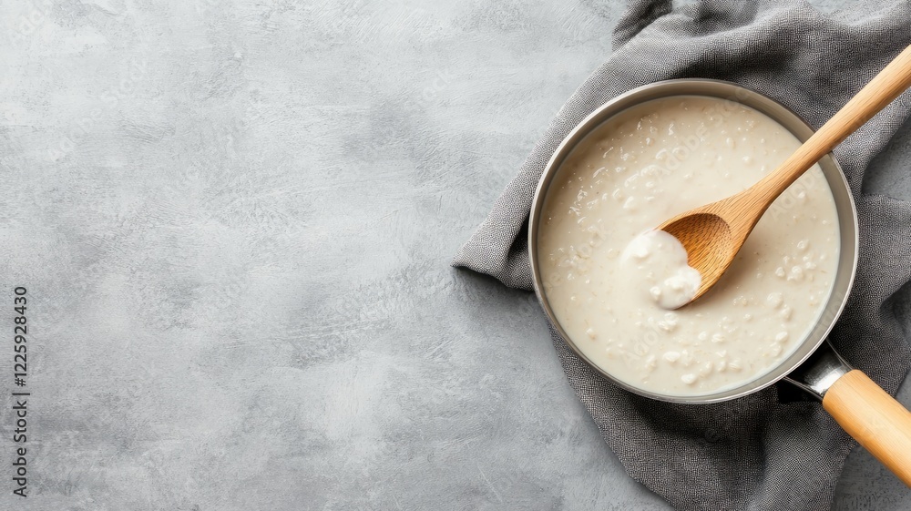Rice pudding in pan with wooden spoon on gray background Rice pudding in pan with wooden spoon on gray background