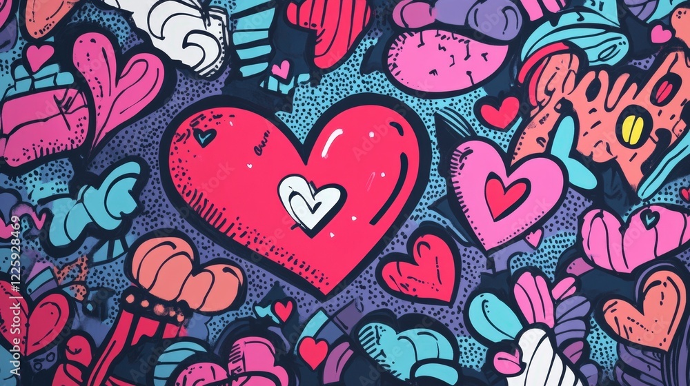 Fototapeta premium Happy Hearts Graffiti Valentine's Day Pattern