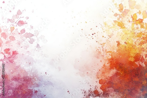 Watercolor Autumn Leaves Background with Splashes and Smudges on White