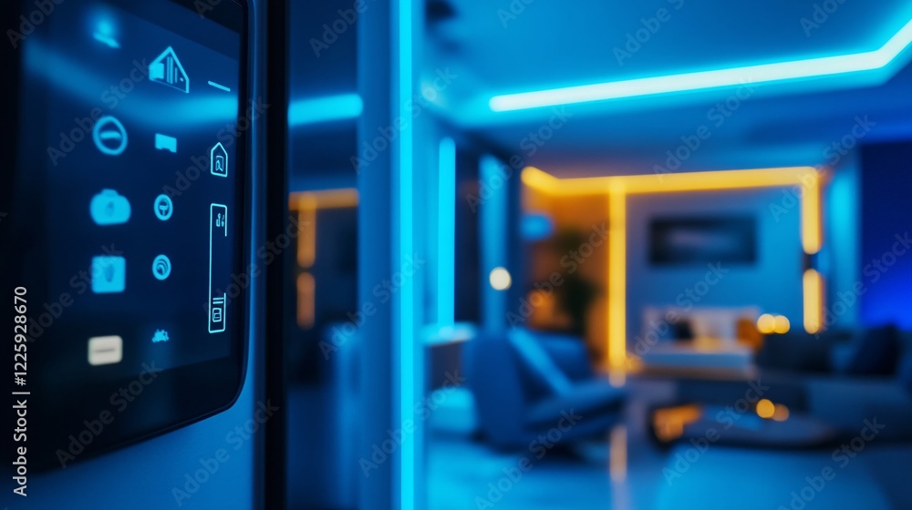 Obraz premium Smart home control panel displaying security system status in modern apartment