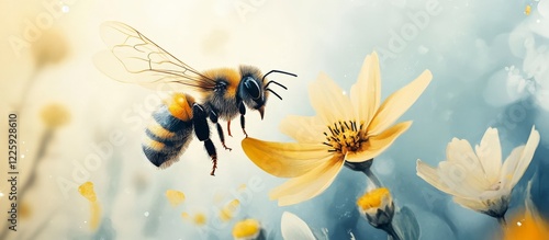 Wallpaper Mural Honeybee Hovering Over Yellow Flower in Soft-Focus Meadow Torontodigital.ca