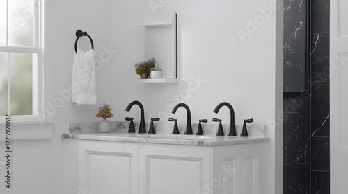 Modern Bathroom Vanity with Black Faucets and Marble Countertop