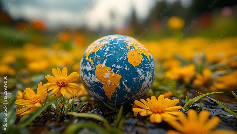 A blue and yellow globe is sitting on a field of yellow flowers. The globe is surrounded by the flowers, which gives the impression of the globe being a part of the natural world A blue and yellow globe is sitting on a field of yellow flowers. The globe is surrounded by the flowers, which gives the impression of the globe being a part of the natural world