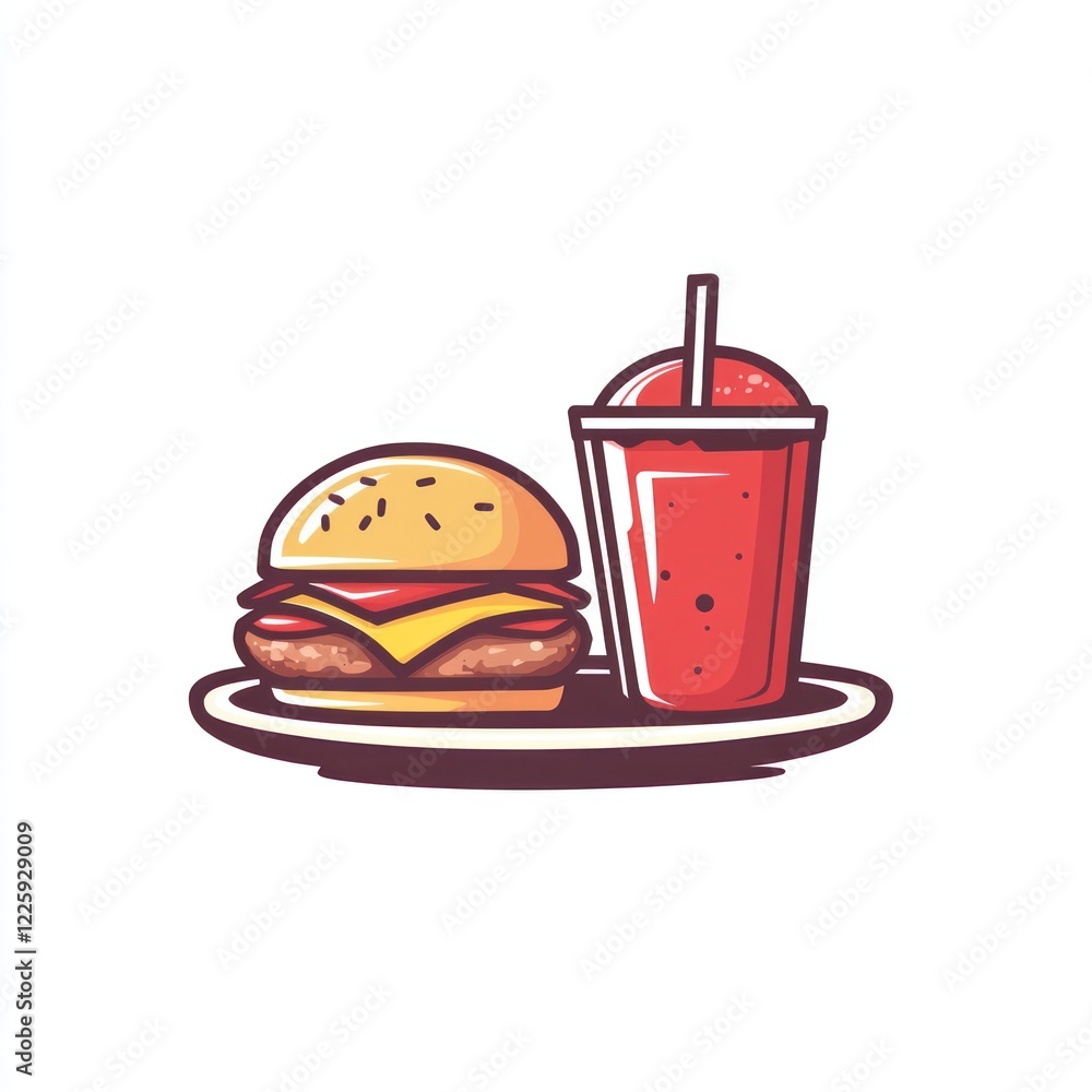 Cartoon burger and smoothie on a plate. Illustration for food Cartoon burger and smoothie on a plate. Illustration for food