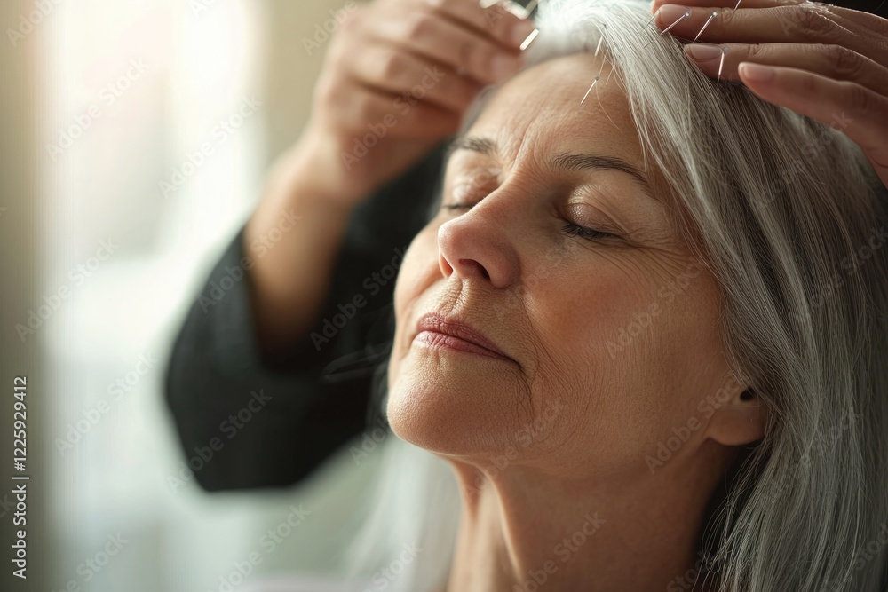 Fototapeta premium A senior woman with gray hair receives acupuncture treatment on her forehead, eyes closed in relaxation.