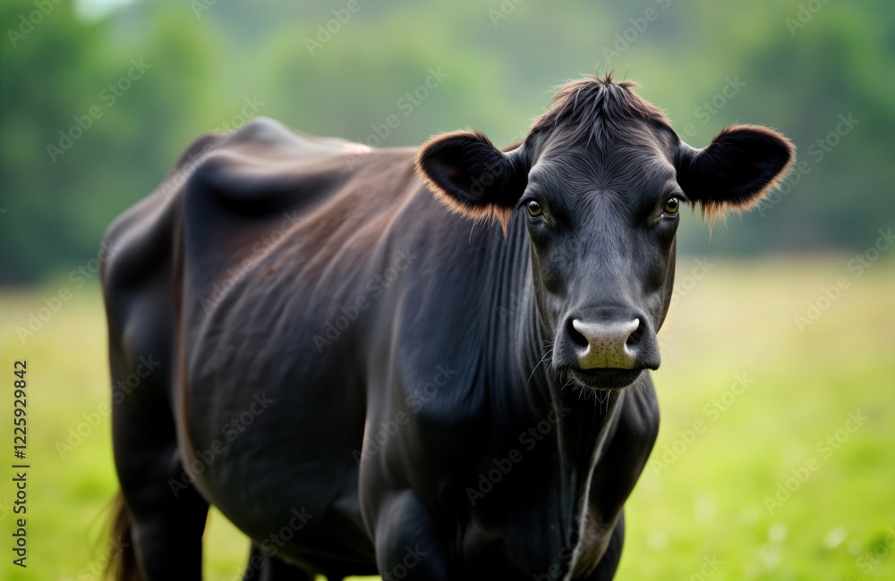 Black cow stands in green pasture. Closeup portrait of animal. Cow looks directly at camera. Sustainable agriculture. Farm animal in nature. Healthy livestock. Organic farming. Grazing in meadow. Black cow stands in green pasture. Closeup portrait of animal. Cow looks directly at camera. Sustainable agriculture. Farm animal in nature. Healthy livestock. Organic farming. Grazing in meadow.