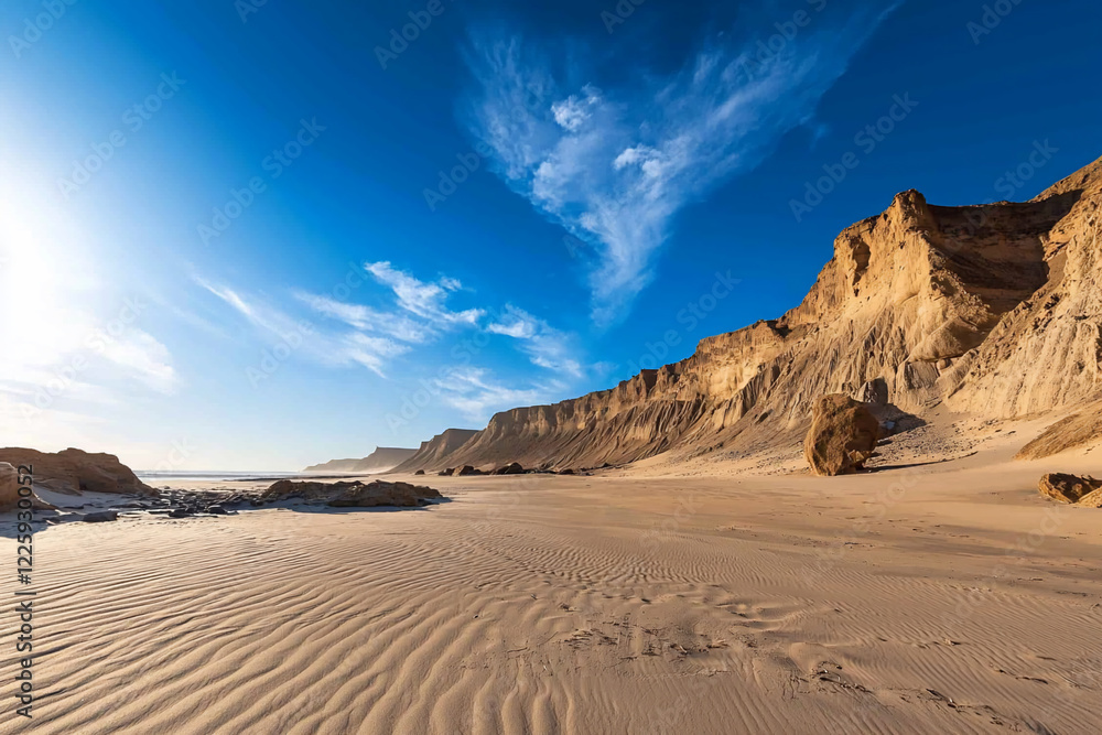 Serene coastal landscape showcasing sandy dunes and towering cliffs under a clear blue sky Serene coastal landscape showcasing sandy dunes and towering cliffs under a clear blue sky