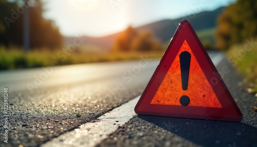 Red triangle warning sign on asphalt road. Accident prone area. Safety message defensive driving course promotion. Possible roadside assistance. Natural light illuminates countryside scene. Sunny photo