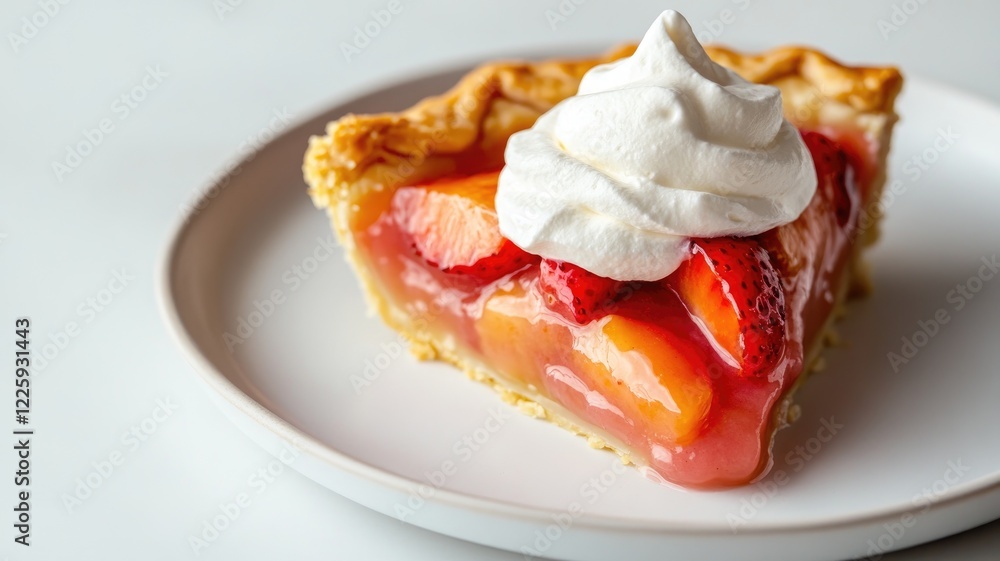 Slice of fruit pie with whipped cream topping Slice of fruit pie with whipped cream topping