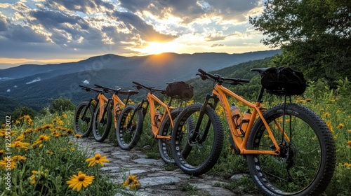 Sunset Mountain Bike Ride: Three Orange Bikes at Golden Hour