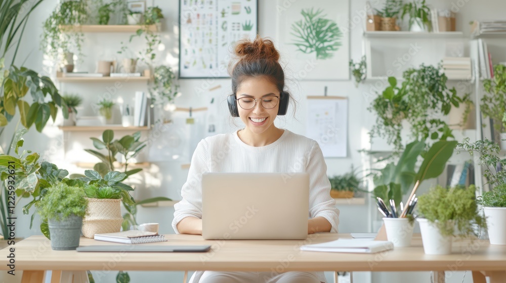 Woman Working From Home: A smiling woman wearing headphones is working on her laptop, surrounded by lush green plants in her home office. The image evokes a sense of peace, productivity. Woman Working From Home: A smiling woman wearing headphones is working on her laptop, surrounded by lush green plants in her home office. The image evokes a sense of peace, productivity.
