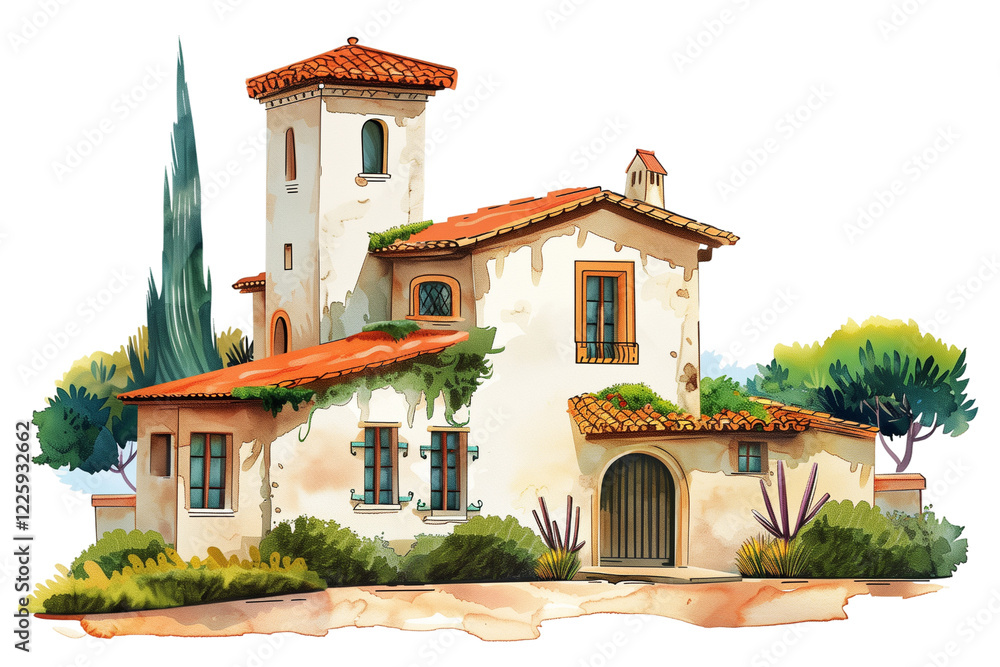 Obraz premium Charming Mediterranean-style Villa Surrounded by Lush Greenery in a Serene Setting - Vintage Illustration, Isolated on White Transparent Background, PNG