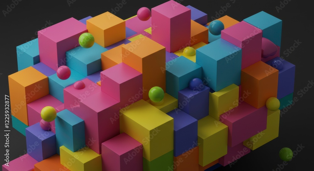 Colorful Geometric Composition: A vibrant abstract composition of colorful cubes and spheres, creating a playful and dynamic visual experience. Colorful Geometric Composition: A vibrant abstract composition of colorful cubes and spheres, creating a playful and dynamic visual experience.