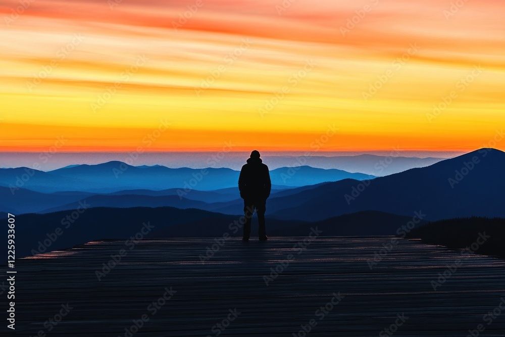 Silhouette of a person standing on a wooden platform overlooking a breathtaking sunset over layered mountains. Silhouette of a person standing on a wooden platform overlooking a breathtaking sunset over layered mountains.