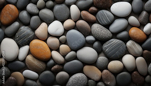 Textured Pebbles in a Serene Coastal Landscape, Capturing the Essence of Tranquility and Erosion Over Time, Perfect for Nature and Coastalthemed Websites. photo