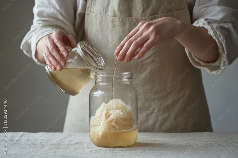 A person pours liquid into a jar containing a kombucha SCOBY, fermenting the tea. A person pours liquid into a jar containing a kombucha SCOBY, fermenting the tea.