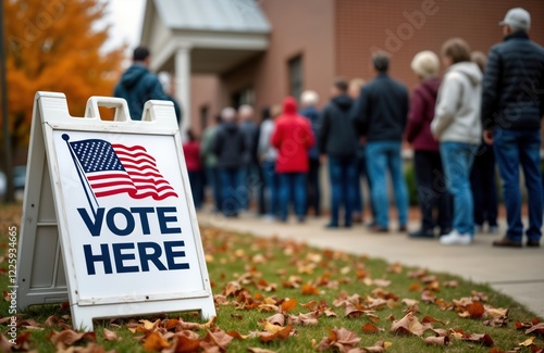 Many people stand in line waiting to vote at polling place. Sign with American flag indicates voting location. Public voting process in action. Citizens participate in democratic election. Location