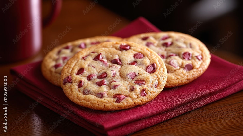 Delicious Homemade Chocolate Chip Cookies on Red Napkin Delicious Homemade Chocolate Chip Cookies on Red Napkin