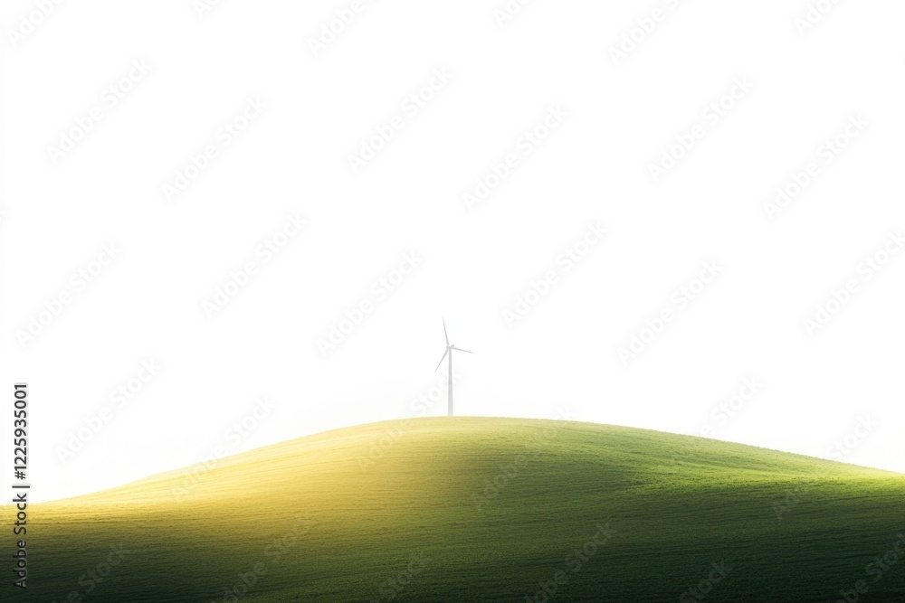 Obraz premium A single wind turbine stands atop a gently rolling green hill under a bright white sky, symbolizing clean energy.